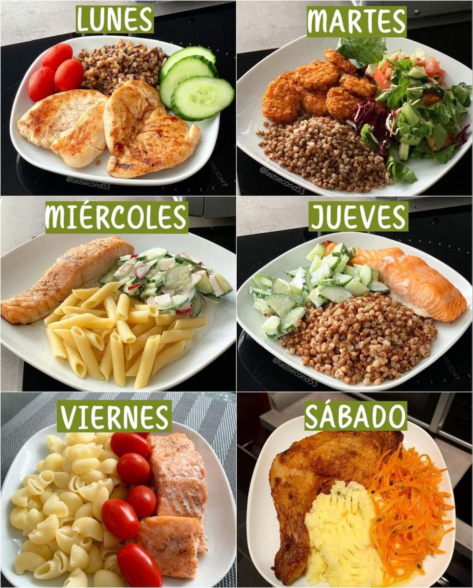 NutriologoGiron's tweet photo. Menús para toda tu semana

Lunes
-pechuga asada
-quinioa
-verduras

Martes
-pollo empanzado en freidora de aire
-lentejas cocidas
-verduras

Miercoles
-pastel
-salmón 
-verduras

Jueves
-lentejas
-salmón o filete
-verduras

Viernes
-filete de pescado
-pasta
-Tomates

Sabado
-pollo asado
-Puré de papa
-zanahoria