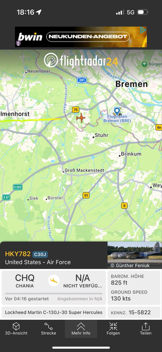 Was ist denn heute in #Bremen los? Erst ein Flieger aus #Litauen, der dort erst lange Zeit gekreist ist. Keine 2 Stunden später die #US-Airforce mit Anreise aus den Ägäischen Meer.

 Bekommen #OHB Besuch? Oder -#Rheinmetall, Airbus Elektronik