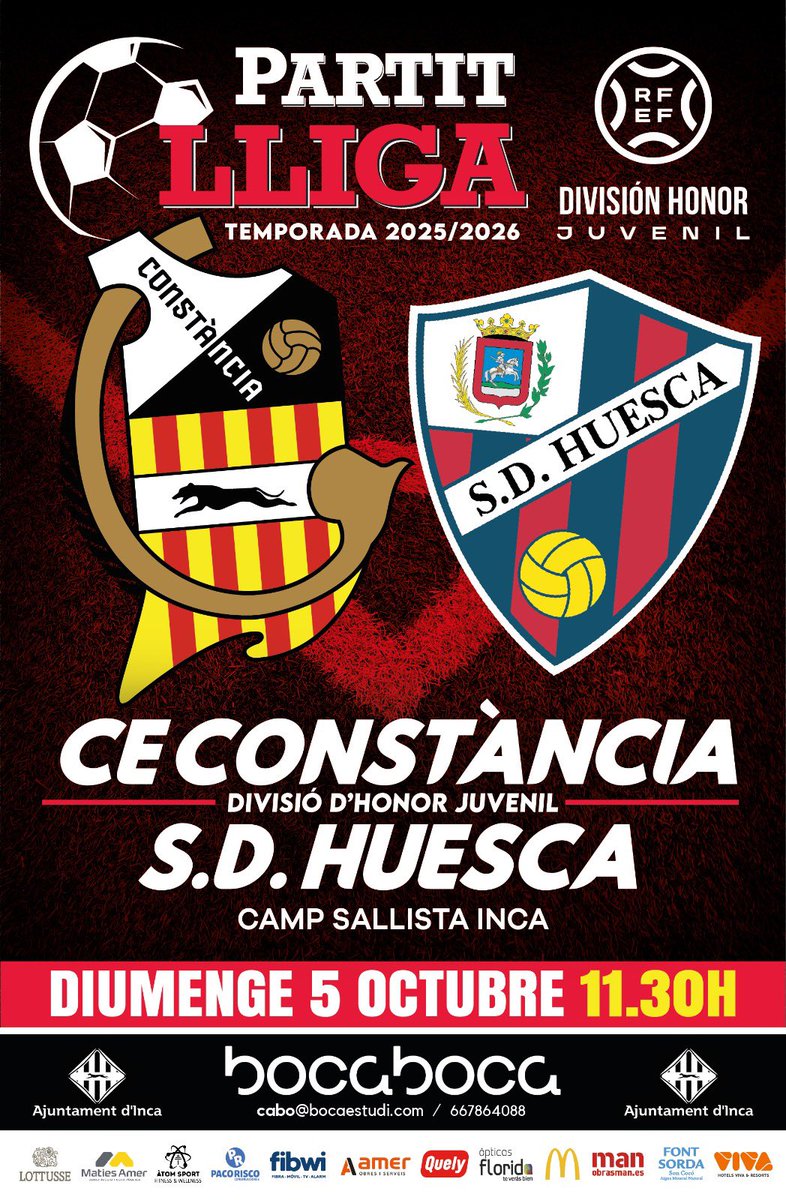 🔥 Aquest diumenge!

Partit del Juvenil Divisió d’Honor!

⚽️ CE Constància 🆚 SD Huesca

⏰ 11.30

#CreixemAmbTu #JuvenilDH
