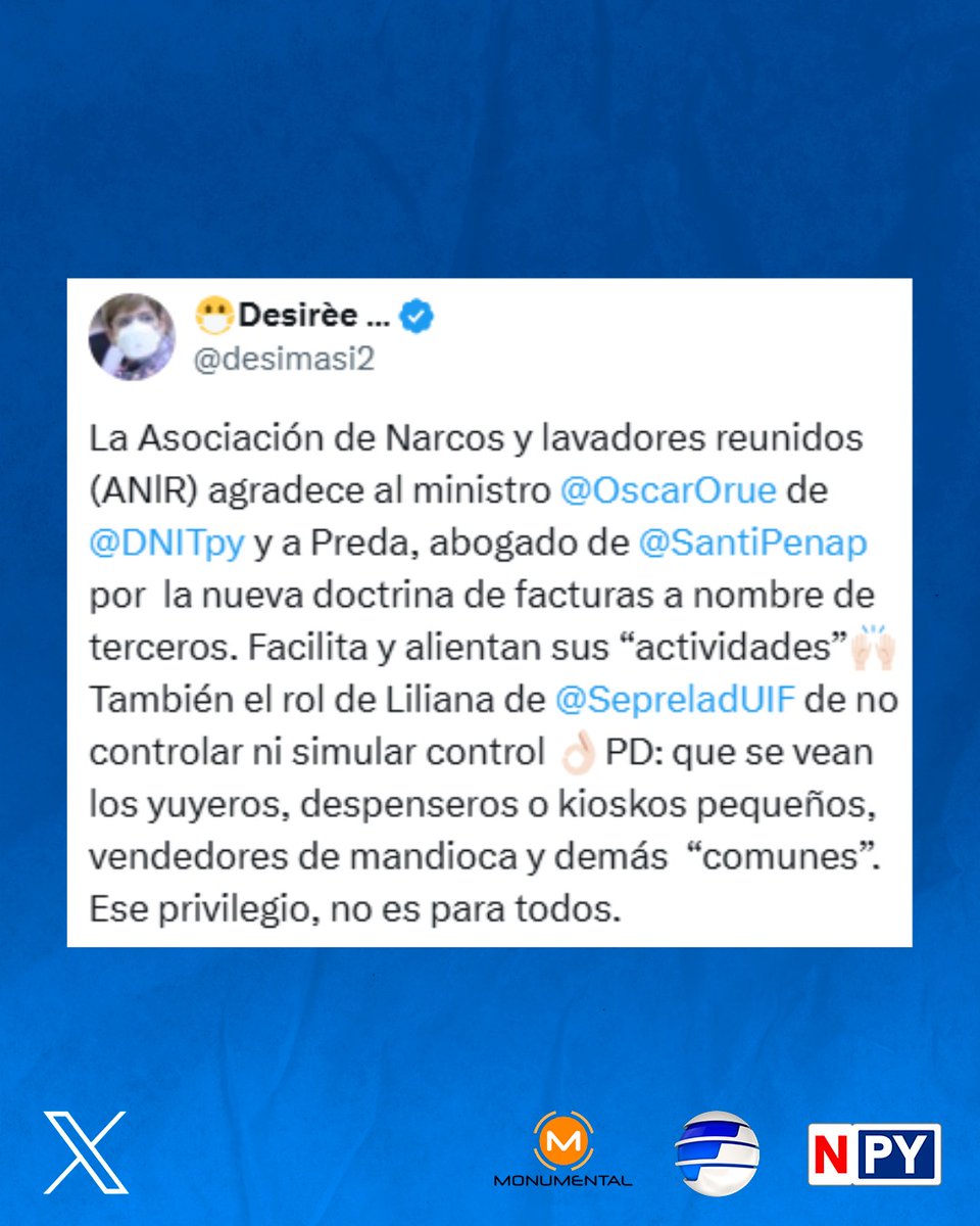 🔸 La ex legisladora Desirée Masi se hace eco de las declaraciones de autoridades por el caso de los 'sobres' con dinero en Mburuvicha Róga y con sarcasmo señala que "la Asociación de Narcos y lavadores reunidos (ANlR) agradece al ministro Óscar Orué de <a href="/DNITpy/">DNIT 🇵🇾</a> y a Preda, abogado