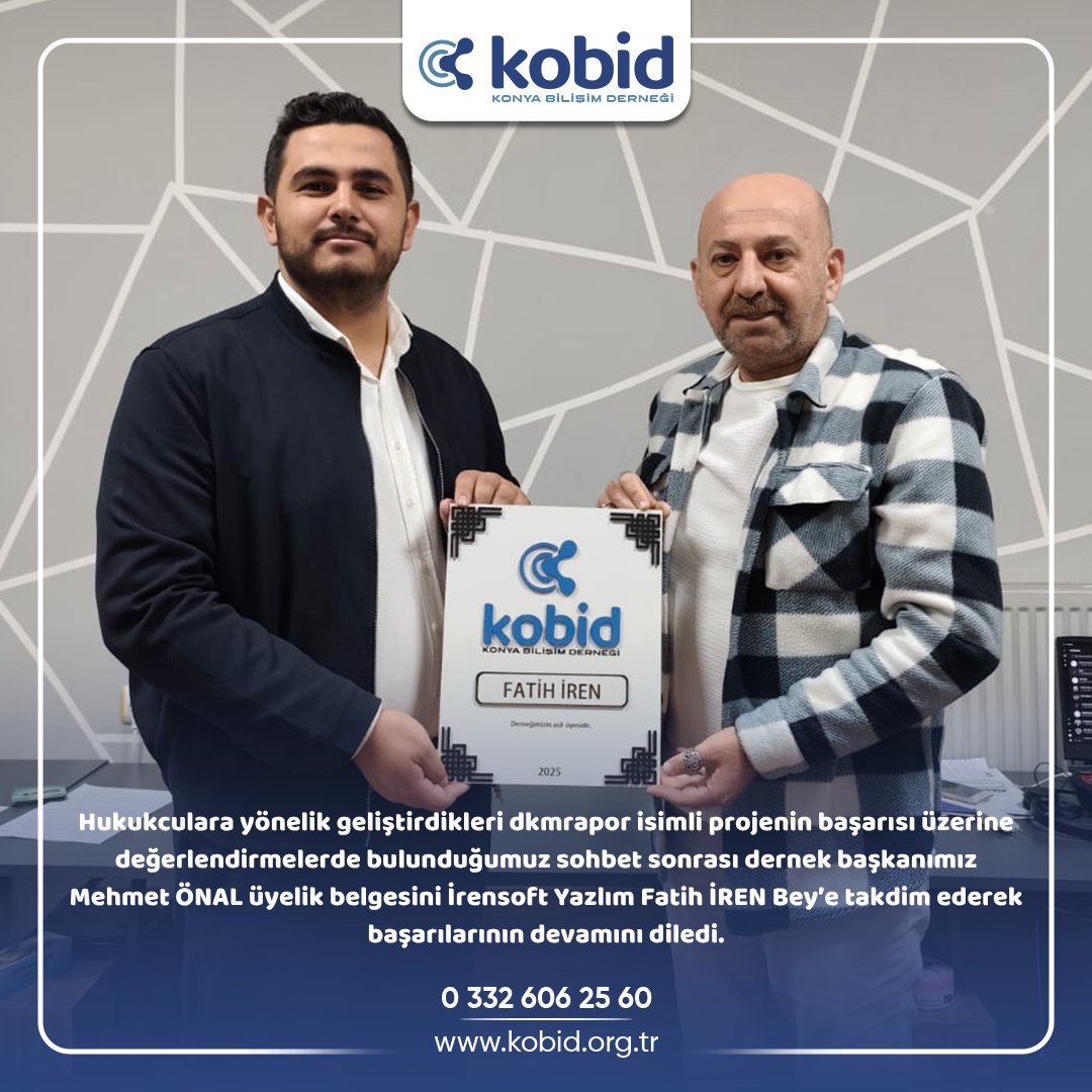 Hukukculara yönelik geliştirdikleri dkmrapor isimli projenin başarısı üzerine değerlendirmelerde bulunduğumuz sohbet sonrası dernek başkanımız Mehmet ÖNAL üyelik belgesini İrensoft Yazlım Fatih İREN Bey’e takdim ederek başarılarının devamını diledi.