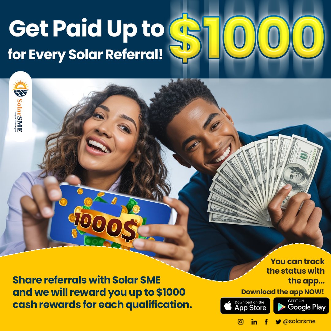 Solarsmeinc's tweet image. Turn your connections into cash with Solar SME! Earn up to $1,000 for every qualified solar referral. Help friends and family go solar while enjoying cash incentives. 
Download the Solar SME app now: solarsme.com/solarsme-refer…
#SolarReferral #EarnWithSolar