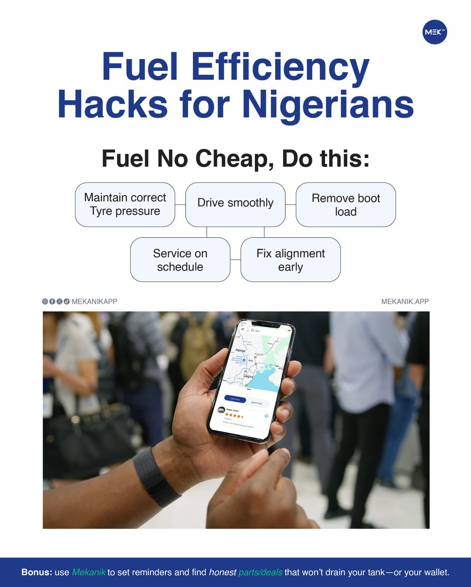 MekanikApp's tweet image. Fuel no cheap.
Do this: maintain correct tyre pressure, drive smoothly, remove boot load, service on schedule, fix alignment early.
Bonus: use Mekanik to set reminders and find honest parts/deals that won’t drain your tank or your wallet.
#SaveFuel  #Mekanik #Mekanikapp