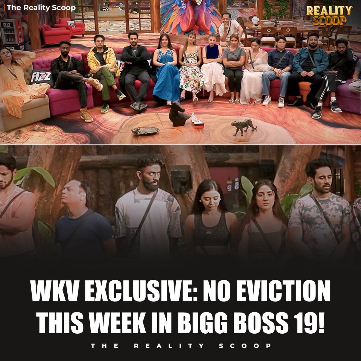 reality_scoop_'s tweet photo. Weekend Ka Vaar twist! 🤯 Salman Khan announces there will be NO eviction this week – leaving contestants shocked and game dynamics shaken! 👀 #BiggBoss19 #WeekendKaVaar #NoEviction #SalmanKhan https://t.co/kDTgkGeOd6