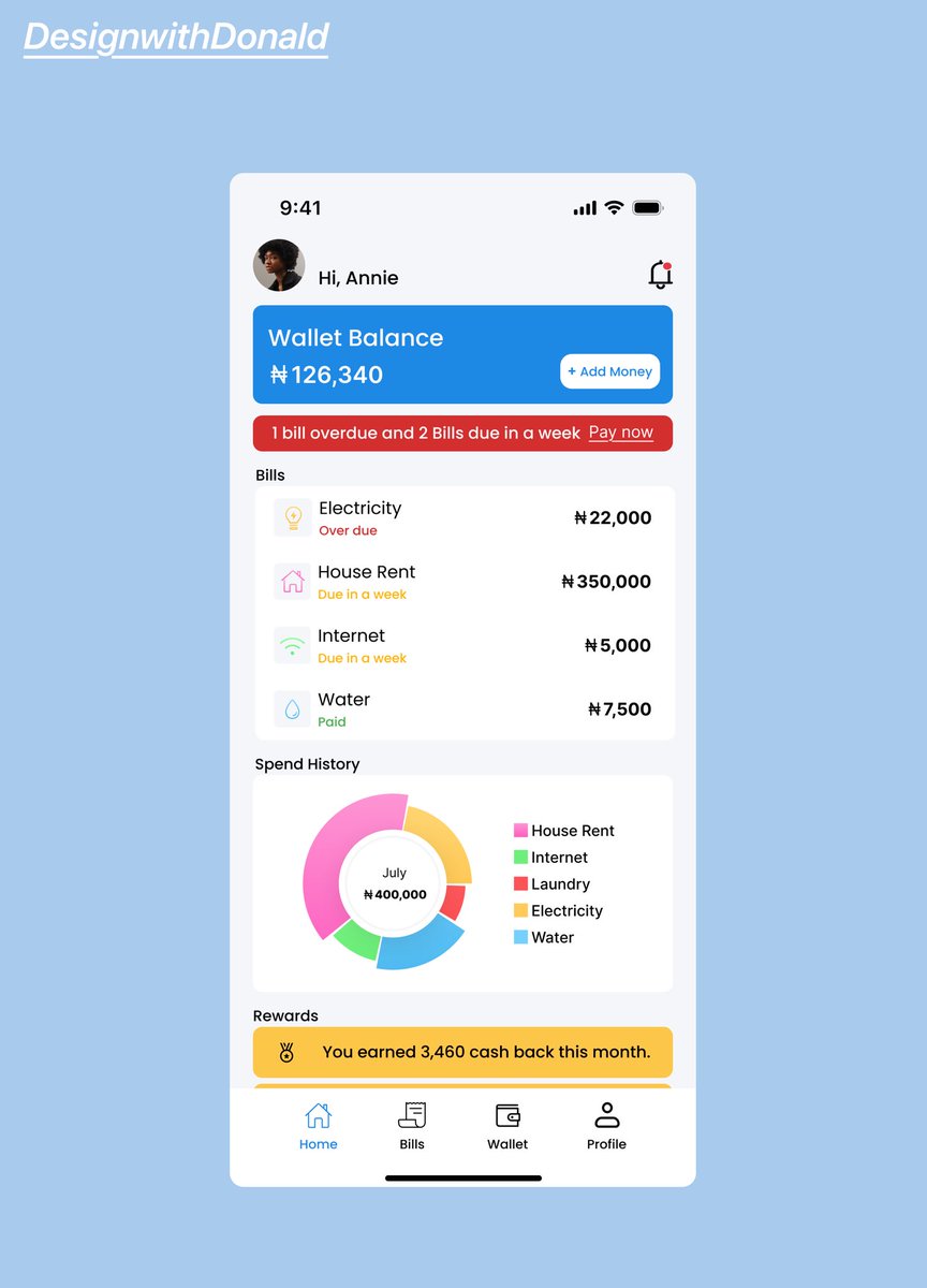 Naldy_UiUx's tweet photo. Designed a wallet Homepage that helps keep track of your Bills. 🧾🧾
Thoughts 💭 ?????
#UIUX #UIDesign #designer #uxdesigners #CreativeDesign #creatives https://t.co/RruLbioz9Z