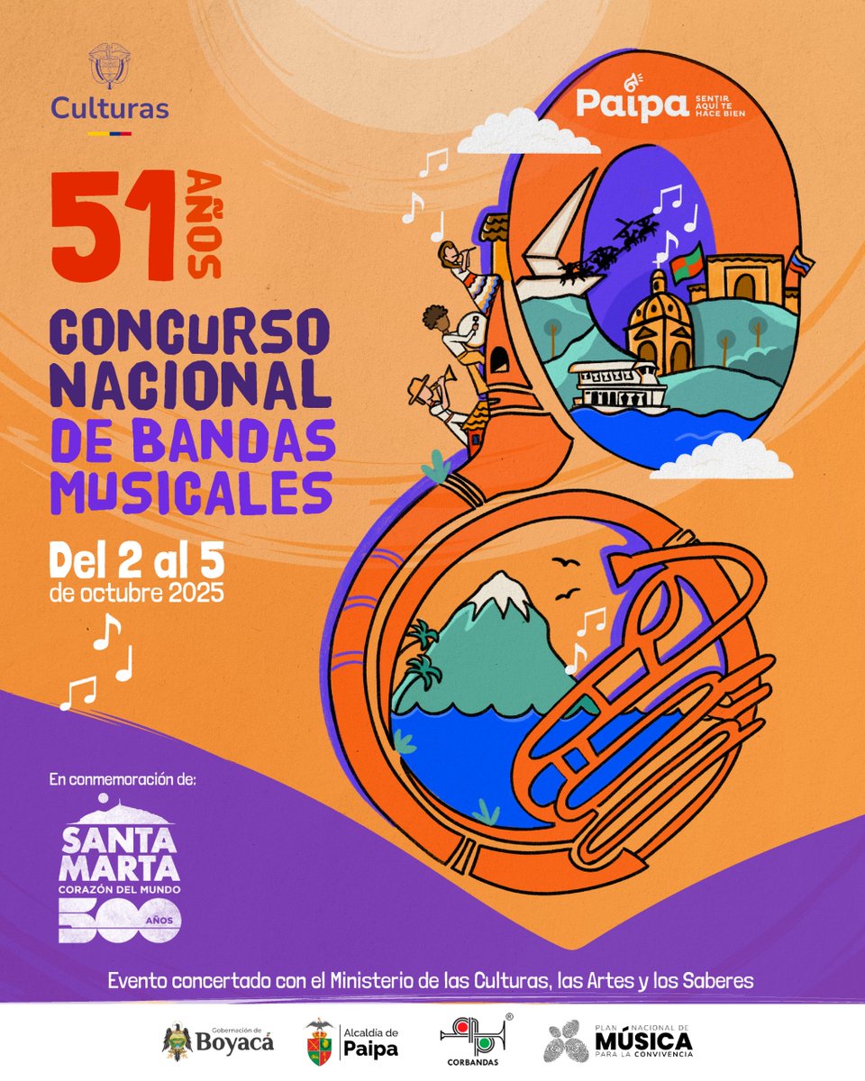 🎺Planea tu fin de semana musical en Paipa porque #paipasuena 🥳

Programación Oficial del 51 Concurso Nacional de Bandas de Paipa - Homenaje 500 Años de Santa Marta - "Corazón del Mundo"
Proyecto Apoyado por <a href="/mincultura/">MinCultura Colombia</a> <a href="/GobBoyaca/">Gobernación de Boyacá</a> y <a href="/AlcaldiaDePaipa/">Alcaldía de Paipa</a> 

🎼corbandas.com/wp-content/upl…