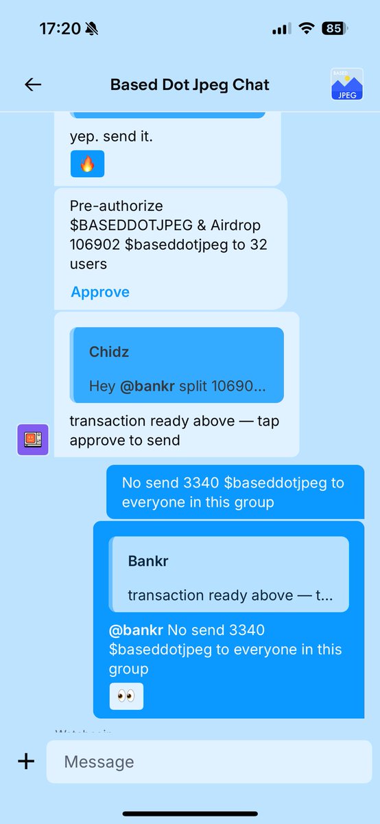 Base App 그룹 채팅에서 Bankrbot이 baseddotjpeg 토큰을 에어드롭하는 스크린샷