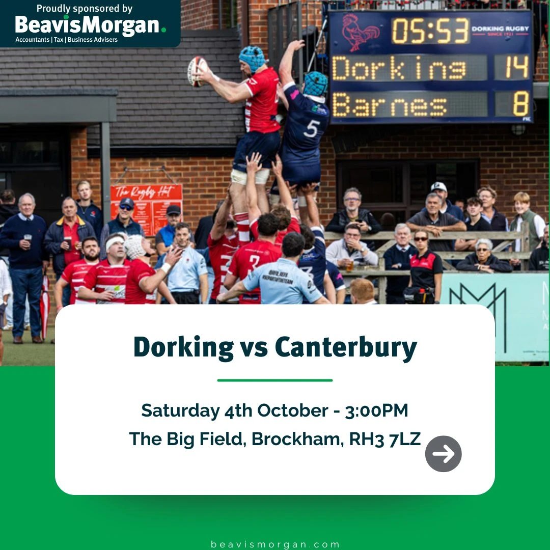 Tomorrow, Dorking RFC welcome Canterbury for a 3pm kick-off.
The team will be looking to put in another strong performance in front of the home crowd. Let's get behind them and make some noise at The Big Field!

Good luck, Dorking - let's go!