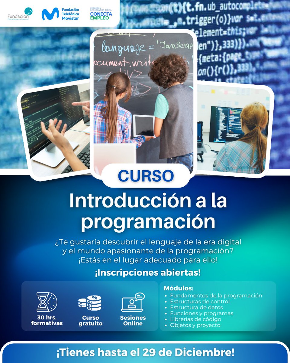Fundacion_EBC's tweet image. 💻 Da tu primer paso en el mundo digital 🚀
Con el curso gratuito Introducción a la programación de @fundacionTef  y Conecta Empleo aprenderás desde cero y a tu ritmo.

✅ 100% online
🎓 Con certificado

Inscríbete aquí 👉 …leo-formacion.fundaciontelefonica.com/web/gl-introdu…

#Programación #TalentoDigital