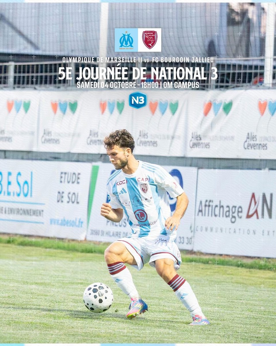 𝐍𝐚𝐭𝐢𝐨𝐧𝐚𝐥 𝟑 

💥 Nouveau choc de #N3 en perspective pour nos Ciel &amp; Grenat qui se déplaceront ce samedi à l’OM Campus pour le compte de la 5e journée de championnat. 

⚔️ <a href="/OM_Officiel/">Olympique de Marseille</a> (B)
🗓️ Sam. 04 Octobre | ⌚️ 18h00
📍OM Campus ~ Marseille

#GRANDIRENSEMBLE✍️