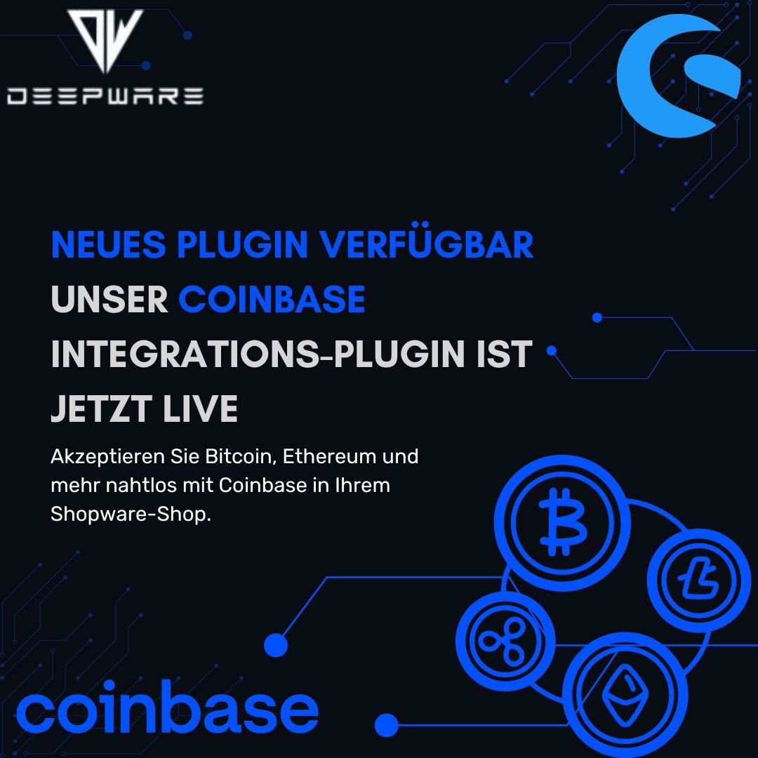 deepwaremunich's tweet photo. NEU: Unser Coinbase Integration Plugin ist jetzt live im @Shopware Store!
Akzeptieren Sie Bitcoin, Ethereum &amp; mehr in Ihrem Shopware Shop – nahtlos und sicher.
Machen Sie Ihren Checkout zukunftssicher. Jetzt verfügbar https://t.co/JfTXiXOhqW