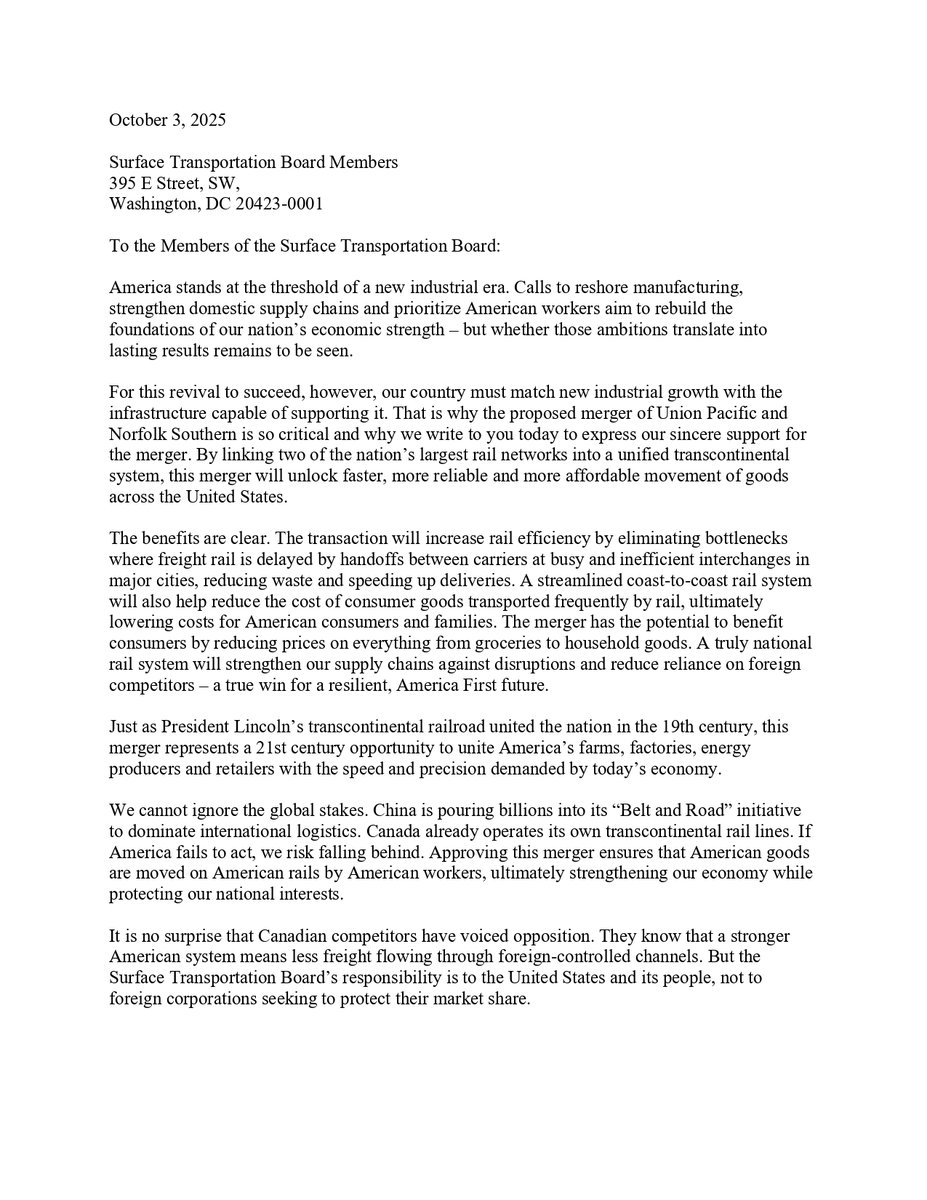 Andrew_Langer's tweet photo. Today, a coalition of free-market and limited government groups sent a letter to the Surface Transportation Board supporting the merger of @UnionPacific and @nscorp.  The letter (and the signatories) are attached here.  @STB_Newsroom https://t.co/ETdXoUJDiw