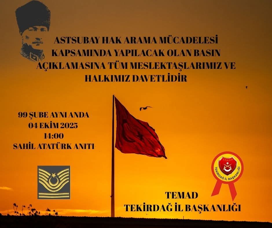 17 Ekim yaklaşırken, birlik ruhumuzu yeniden haykırıyoruz:
Astsubaylar, milletin kalbindeki cesur yüreklilerdir.
Onurumuzu korumak için omuz omuza!
#TEMADDestek #TEMAD17Ekim