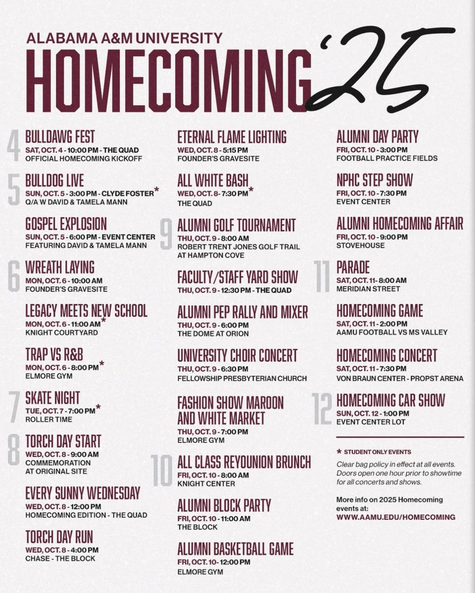 AAMU_Alumni's tweet image. 🐾 Are you ready for the ultimate Homecoming Experience? 🎉
AAMU Homecoming 2025 is packed with events you don’t want to miss!

🚗 Parking is $30 

📅 Check out the full lineup of events and get all the details at  zurl.co/DpE22

#AAMU #BulldogNation #Homecoming2025