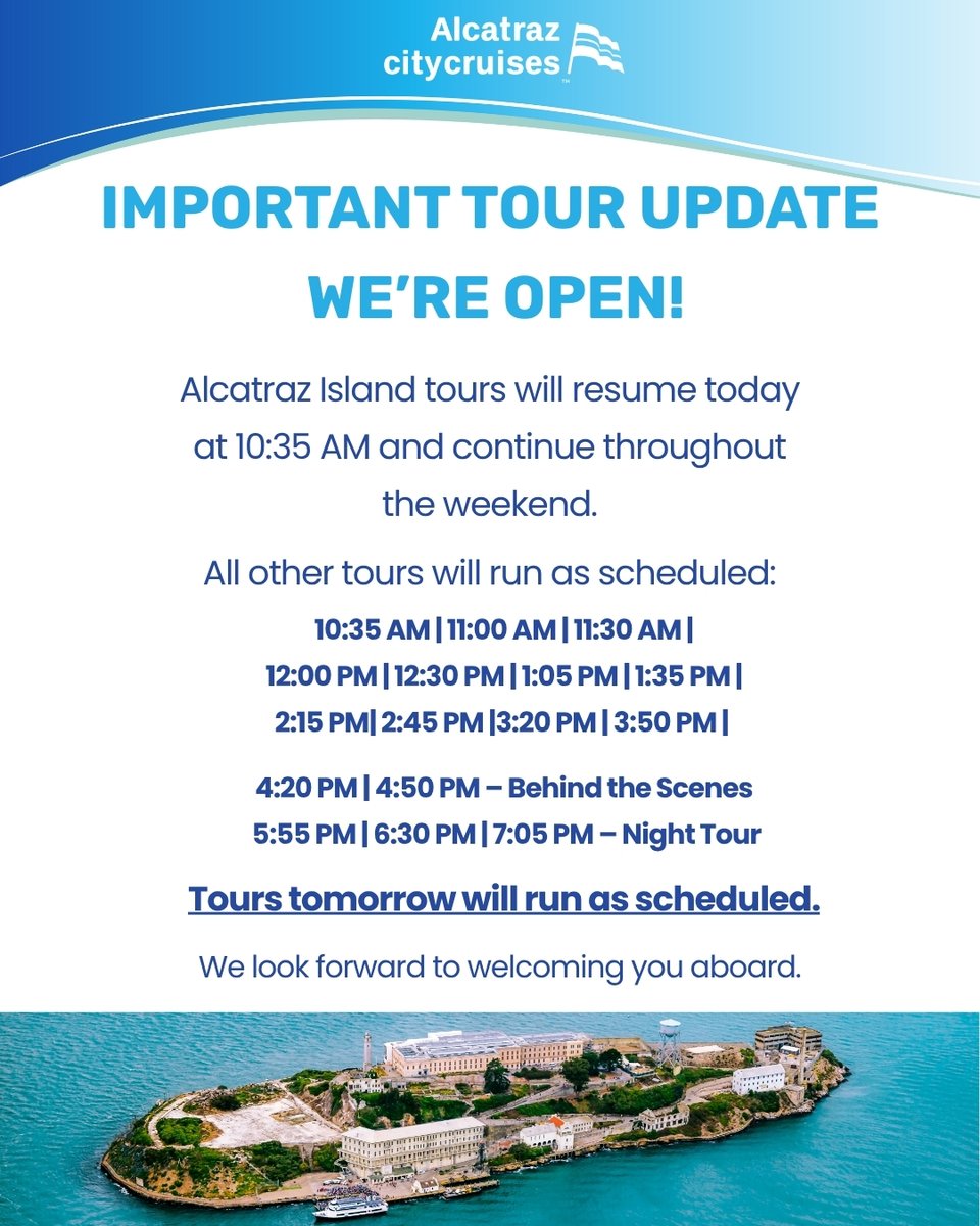 UPDATE: We are Open! Alcatraz Island tours have resumed as of 10:35 AM today and will continue as scheduled throughout the weekend.

We look forward to welcoming you aboard!
#Alcatraz #SanFrancisco #TravelUpdate
