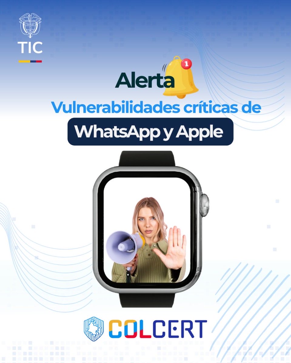 #Alerta 🛑 Vulnerabilidades críticas en WhatsApp y Apple que permiten ataques zero-click, comprometiendo dispositivos sin interacción del usuario. 🖐🏻El #ColCERT recomienda actualizar de inmediato WhatsApp y iOS/macOS a sus últimas versiones para mitigar el riesgo.
Explora la