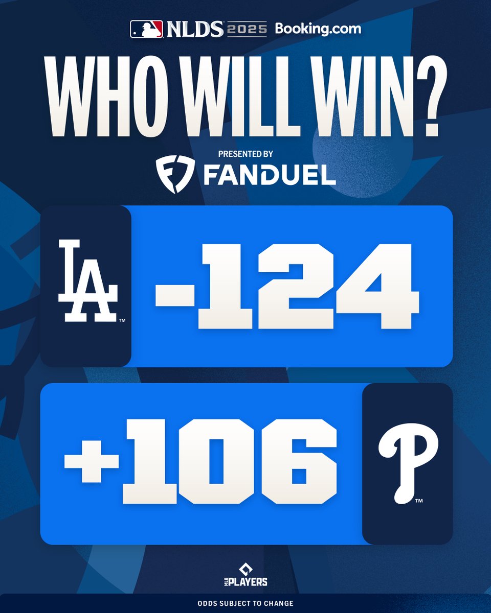MLB Picks (@mlbpicks) on Twitter photo Will the <a href="/Dodgers/">Los Angeles Dodgers</a> make it to their second straight NLCS or will the <a href="/Phillies/">Philadelphia Phillies</a> march on?
Odds via <a href="/FDSportsbook/">FanDuel Sportsbook</a> Will the <a href="/Dodgers/">Los Angeles Dodgers</a> make it to their second straight NLCS or will the <a href="/Phillies/">Philadelphia Phillies</a> march on?
Odds via <a href="/FDSportsbook/">FanDuel Sportsbook</a>