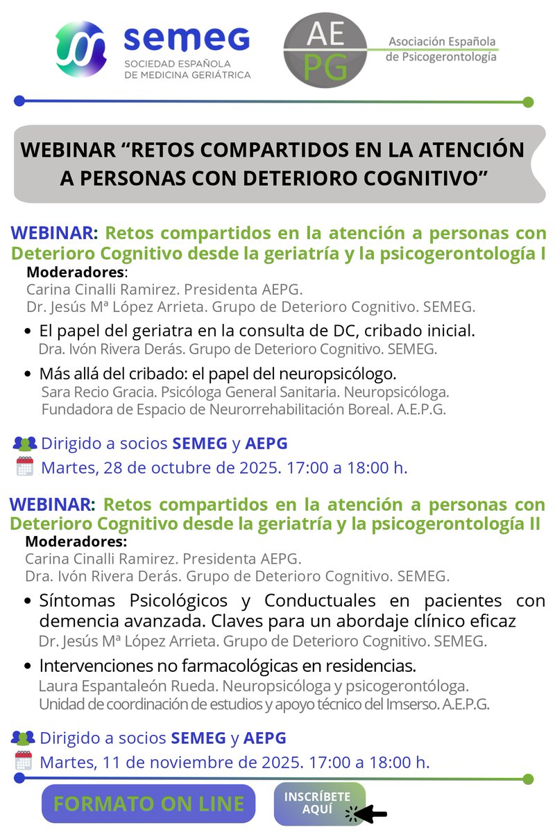 🤝 Junto con la Sociedad Española de Medicina Geriátrica hemos organizado dos webinar dirigidas a las personas socias de ambas entidades para profundizar desde la geriatría y la psicogerontología en el Deterioro Cognitivo. 
Puedes inscribirte aquí ⬇️
forms.office.com/Pages/Response…