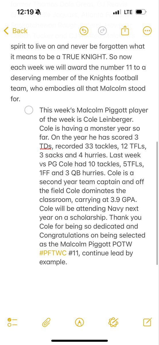 TopKnight44's tweet photo. Congrats to @Cole_Leinberger as the Malcolm Piggott POW. Cole exemplifies what it means to be a Knight. Thank you Cole for being a great leader. @ThomasDaleDSA @TD_DLine @TDKnightsFB @CoachAshe1906 @_reavisisland @Lawton8Matt #PFTWC. https://t.co/jFw8yWRtTb