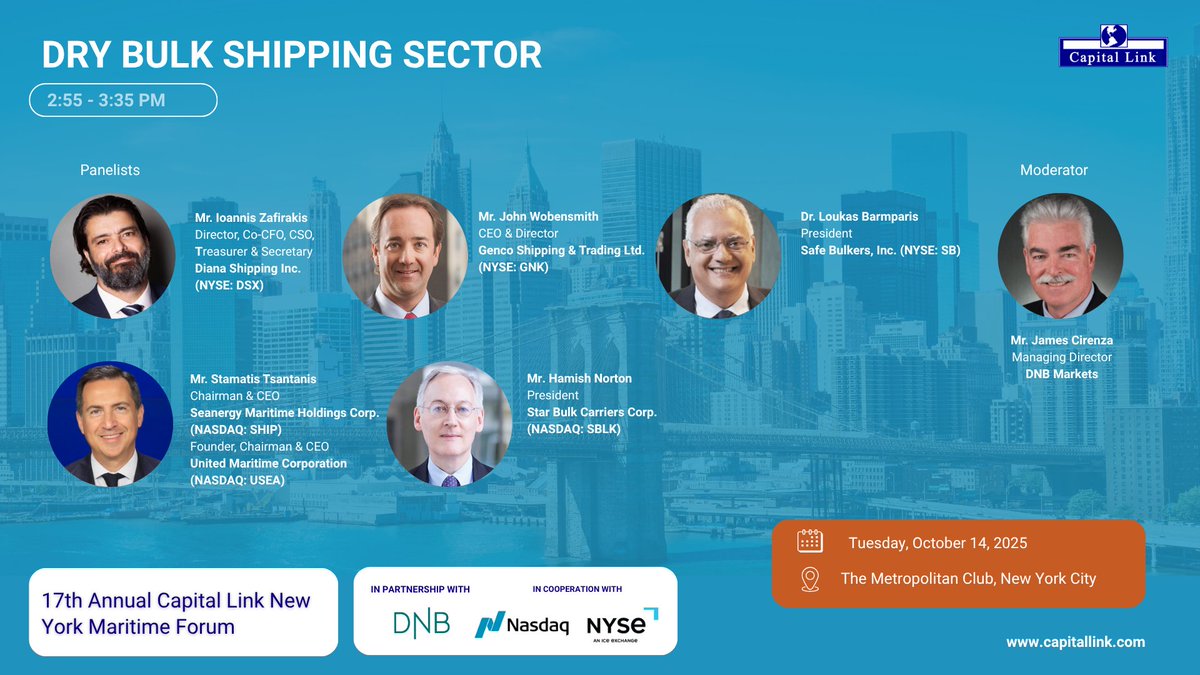Capital Link (@capitallink) on Twitter photo 🚢 DRY BULK SHIPPING SECTOR
🕤 2:55 – 3:35 PM
📅 Tuesday, October 14, 2025 | 📍Metropolitan Club in New York City
Moderator: Mr. James T. Cirenza, Managing Director – <a href="/DNBMarkets/">DNB Carnegie</a>  
Panelists:
• Mr. John C. Wobensmith, CEO & Director - Genco Shipping & Trading Limited Ltd. 🚢 DRY BULK SHIPPING SECTOR
🕤 2:55 – 3:35 PM
📅 Tuesday, October 14, 2025 | 📍Metropolitan Club in New York City
Moderator: Mr. James T. Cirenza, Managing Director – <a href="/DNBMarkets/">DNB Carnegie</a>  
Panelists:
• Mr. John C. Wobensmith, CEO & Director - Genco Shipping & Trading Limited Ltd.