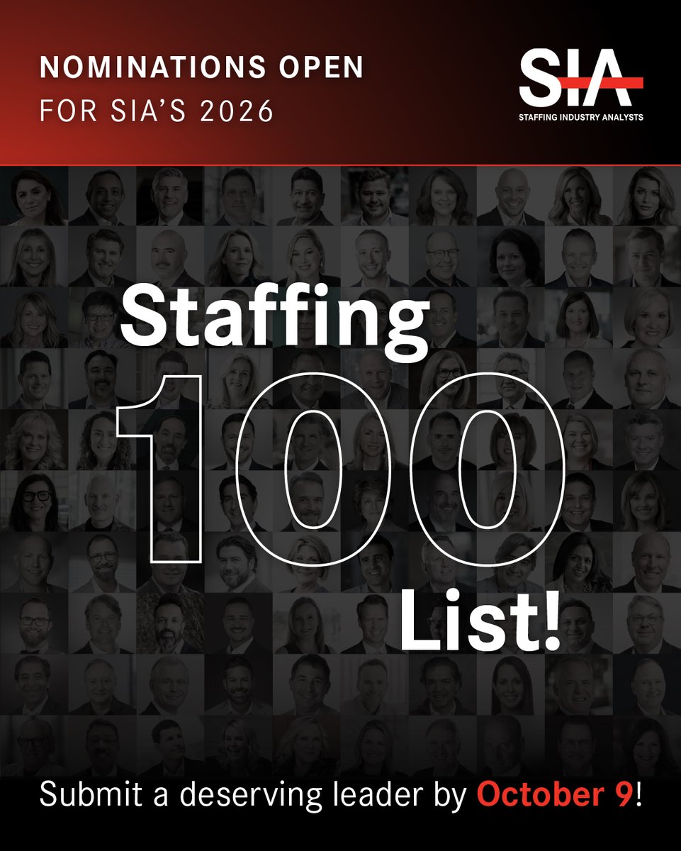 SIAnalysts's tweet image. SIA wants to recognize the changemakers shaping the future of staffing. Can you think of someone? Or maybe that someone is you?

Nominate yourself or a colleague for our 2026 Staffing 100 list by Oct. 9: staffingindustry.secure-platform.com/site/solicitat…

#Staffing #WorkforceSolutions #WorkforceInnovation