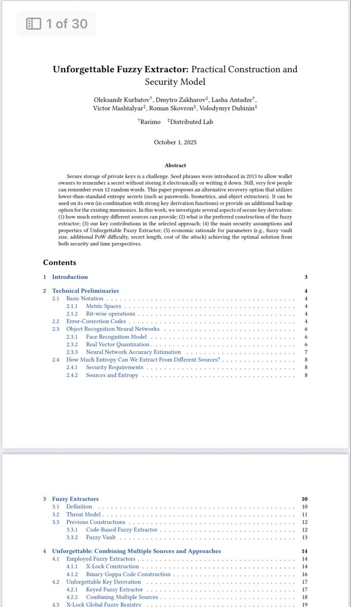 kravchenkopo's tweet image. This highly technical @Rarimo_protocol paper represents, in a way, a potential breakthrough in public key cryptography (time will tell whether small or large). It combines several methods, such as:
- the concept of helper data used in fuzzy extractors for error correction,
- the…