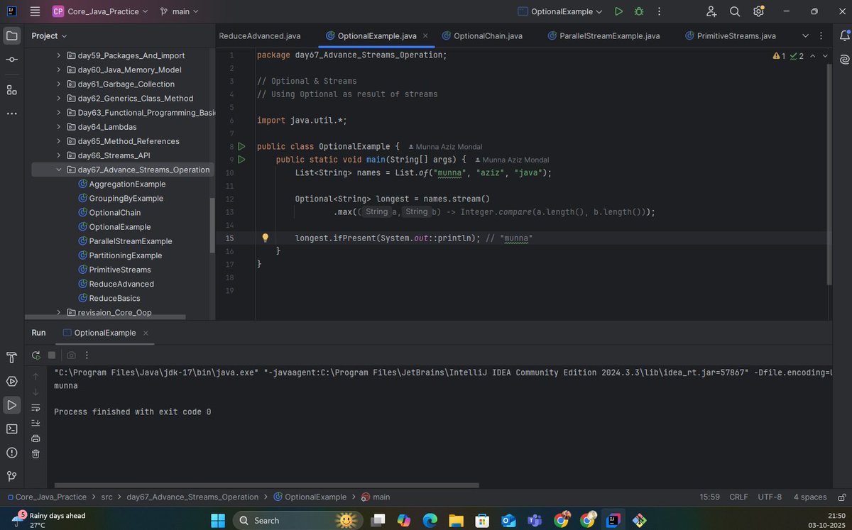 the_departed__'s tweet photo. Java Learning – #Day 67
Advanced Streams
✅ groupingBy(), partitioningBy()
✅ reduce() for min/max/sum
✅ Optional API → map, orElse, ifPresent
✅ Parallel Streams (use & pitfalls)
✅ Primitive Streams (IntStream, LongStream, DoubleStream)
#Java #100DaysOfCode #StreamsAPI https://t.co/wH0QKfvGI9