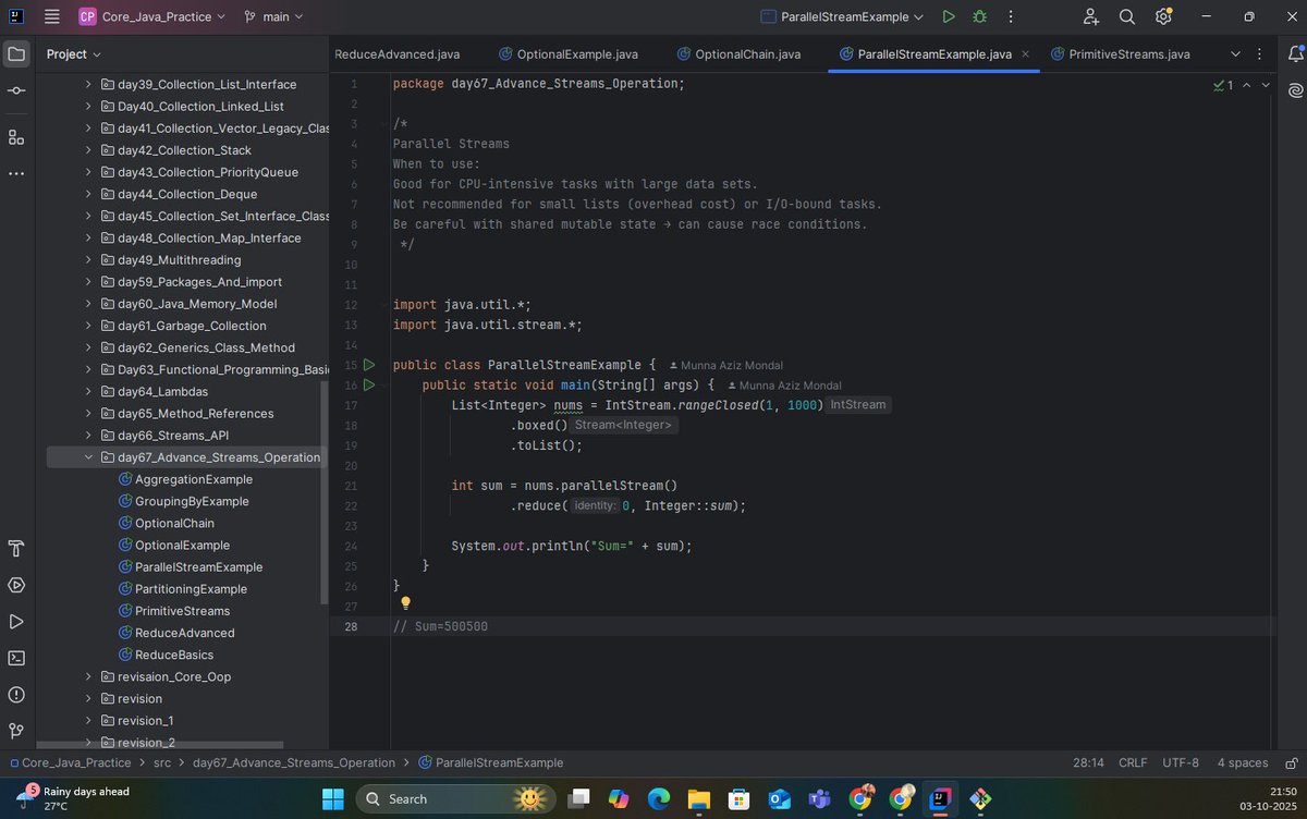 the_departed__'s tweet photo. Java Learning – #Day 67
Advanced Streams
✅ groupingBy(), partitioningBy()
✅ reduce() for min/max/sum
✅ Optional API → map, orElse, ifPresent
✅ Parallel Streams (use & pitfalls)
✅ Primitive Streams (IntStream, LongStream, DoubleStream)
#Java #100DaysOfCode #StreamsAPI https://t.co/wH0QKfvGI9