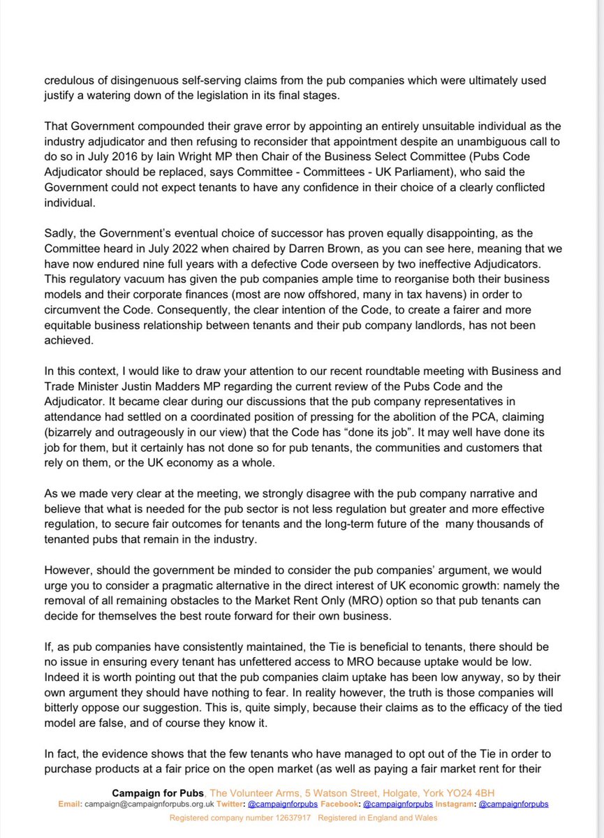 We’ve written to <a href="/peterkyle/">Peter Kyle</a> the new Secretary of State for <a href="/biztradegovuk/">Department for Business and Trade</a> welcoming him to this important role &amp; urging him and the Govt to support #pubs including stopping the ongoing endemic abuse of the #beertie &amp; exploitative behaviour by #pubcos ⬇️

campaignforpubs.org.uk/wp-content/upl…