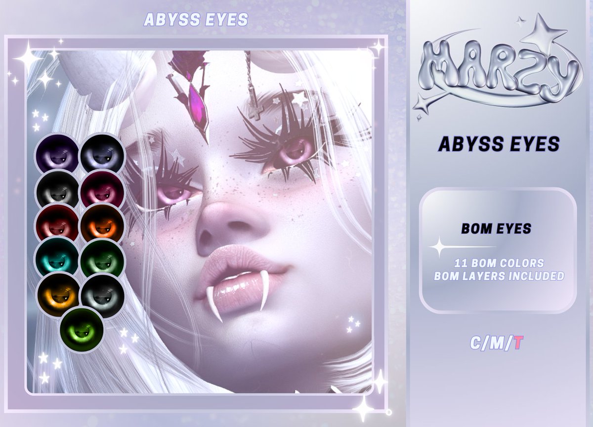 LilStarlingz's tweet photo. 👁️✨ ABYSS EYES ✨👁️

Eyes that stare back at you. Sharp shine, 11 haunting BOM shades, and endless vibes for your next look.
-
🌌 Marketplace → https://t.co/oF8BBLcmV0
🏷️ In-World (5% off!) →https://t.co/kclWbHetU7
-
#SecondLife #SLFashion https://t.co/OvKuCoAXdy