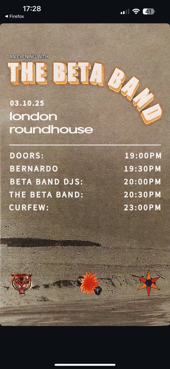betaband's tweet photo. London N2 runtimes tonight via the band’s official Instagram.

(a support act for the first time on this run of shows: Bernardo)

hope everyone enjoys the gig :)

#BetaBand #TheBetaBand https://t.co/iYatOXX7xL