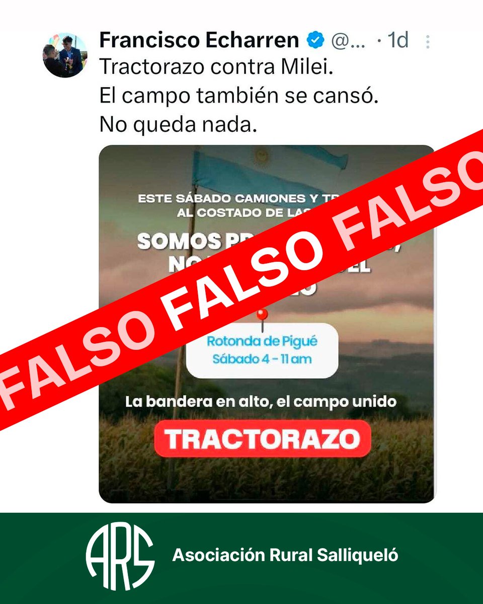 𝗙𝗔𝗟𝗦𝗢❌⁣
Descartamos de plano cualquier movilización como la que se está intentando viralizar por las redes sociales. 𝗛𝗮𝘆 𝗾𝘂𝗲 𝘀𝗲𝗿 𝗺𝘂𝘆 𝗱𝗮ñ𝗶𝗻𝗼 𝗽𝗮𝗿𝗮 𝗲𝗺𝗽𝗮𝗿𝗱𝗮𝗿 𝗮𝗹 𝗞𝗶𝗿𝗰𝗵𝗻𝗲𝗿𝗶𝘀𝗺𝗼.