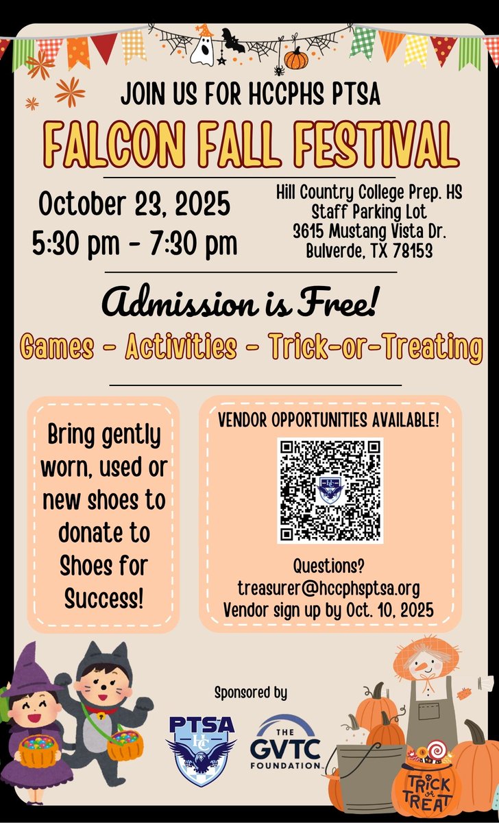 Hill Country College Preparatory High School invites our entire community to join us for a celebration of Falcon spirit, student talent, and autumn fun!
📷 October 23: 5:30 pm - 7:30 pm
📷 HCCPHS Staff Parking Lot
Vendor registration: hccpptsa.square.site/.../OAQ2SQ45RO…...
#hccphsptsa