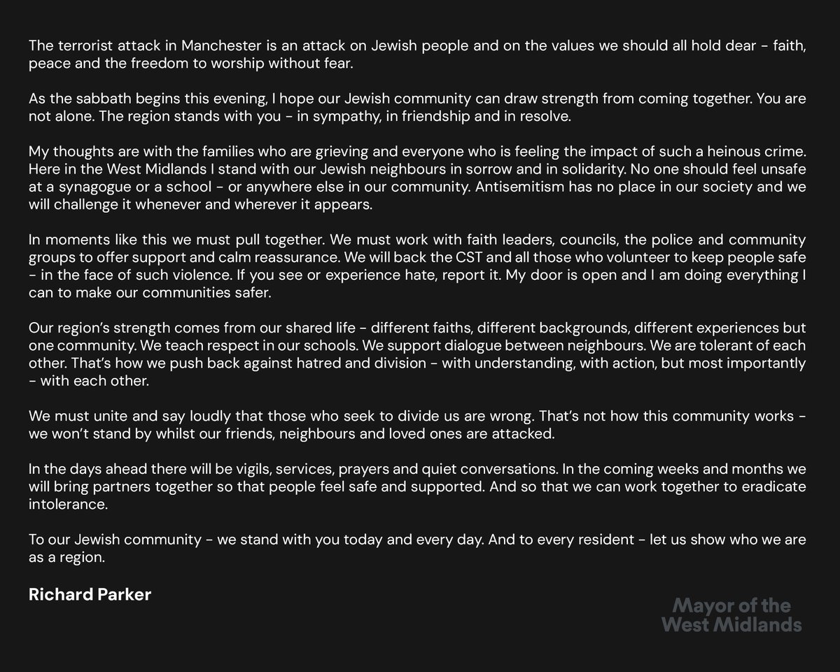 As the sabbath begins this evening, I hope our Jewish community can draw strength from coming together. 

We must reject hatred and stand in solidarity.