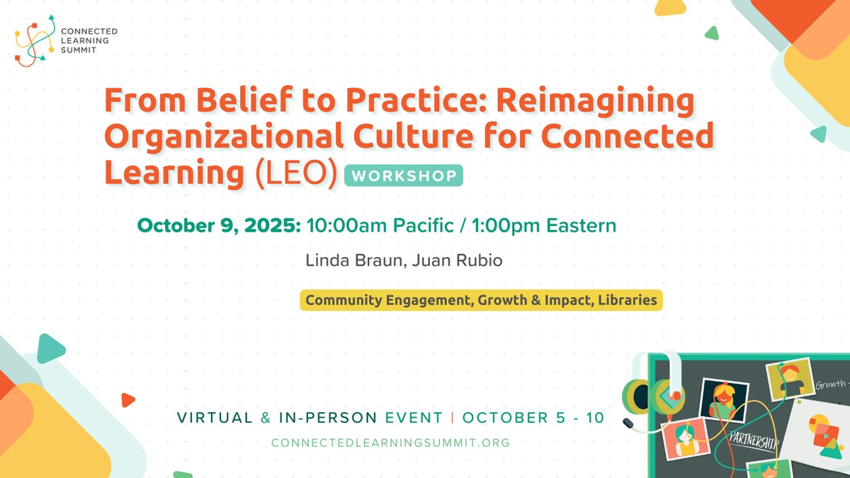 TheCLAlliance's tweet image. We have a workshop from LEO happening next Thursday, October 9th from 10am- 12pm PT that focuses on the critical role of organizational culture in moving from theory to authentic connected learning implementation!

✨ Register for #ConnectedLearning2025: connectedlearning.news/CLS2025-Regist…