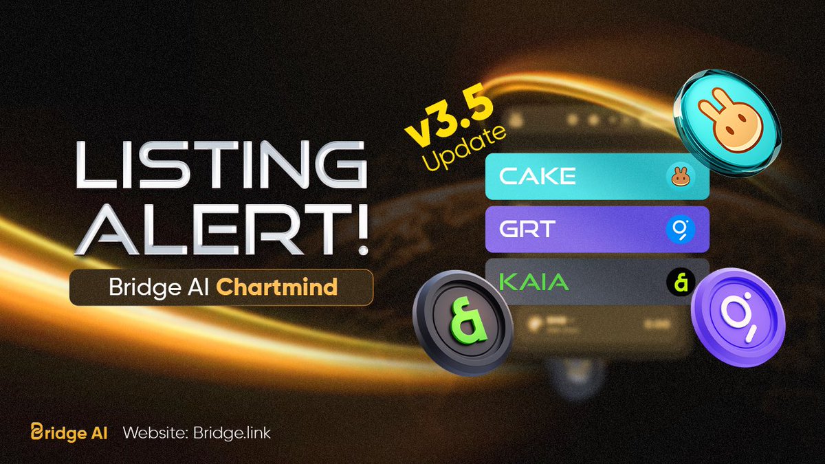 bridge_oracle's tweet photo. 🚨 Listing Alert!
Bridge AI ChartMind just got a major v3.5 Update: 🔥

📌 Newly Added Assets:
🍰 $CAKE  @PancakeSwap 
🟣 $GRT     @graphprotocol 
🧬 $KAIA    @KaiaChain 

📊 Smarter analysis, wider coverage — all in one powerful platform.

🔗 https://t.co/Xs6MWiu0kf

#BridgeAI #Chartmind #CryptoListing #CAKE #GRT #KAIA #AITrading #CryptoTools $BRG