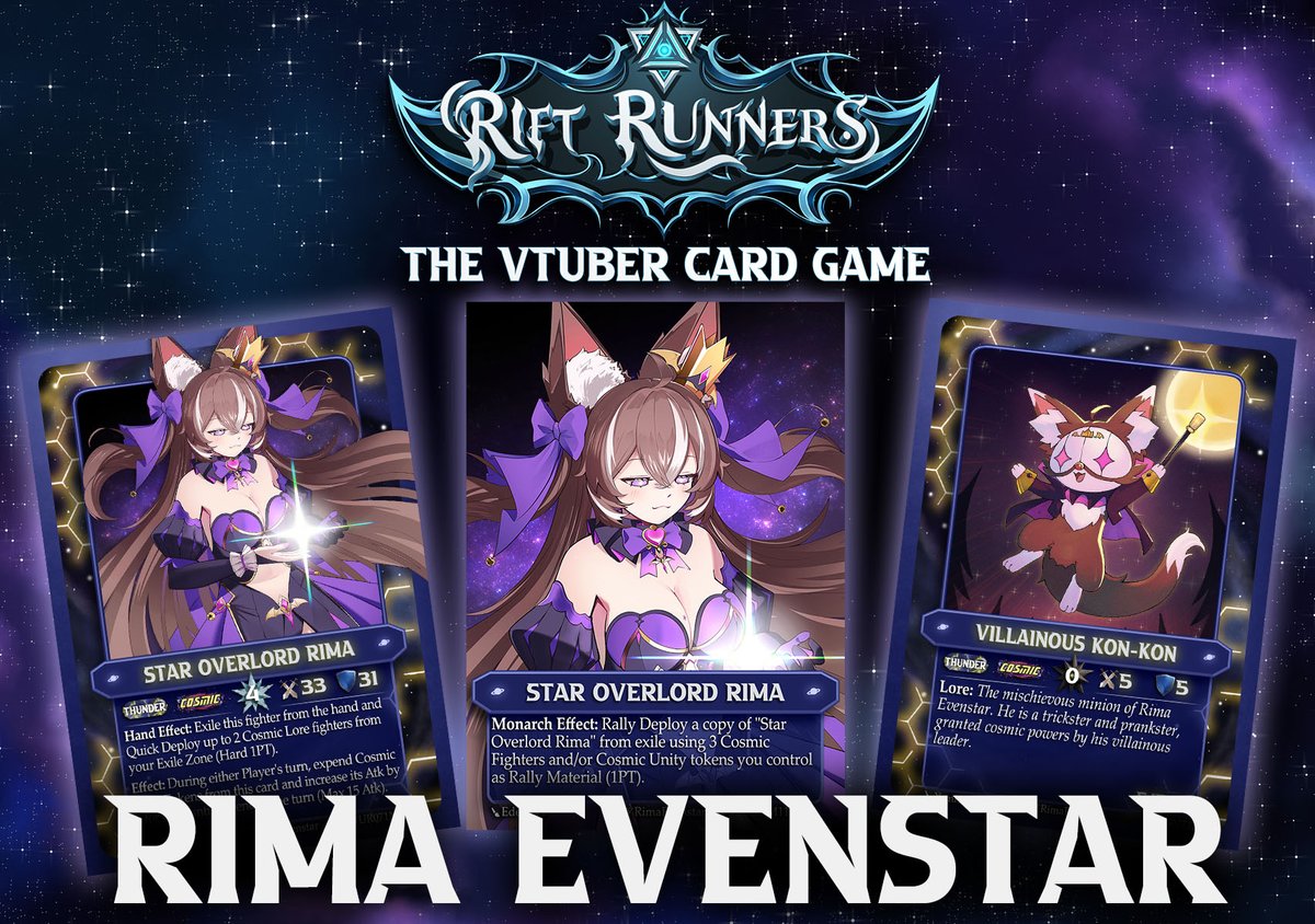 VoidWaveCEO's tweet photo. Set 4 Reveal: I'm proud to announce that everyone's favorite Fox (Aka "Horse") Auntie @RimaEvenstar is coming to the next set of Rift Runners! 

(Art by @EdenCI_ and @ArtofYamisan) #Vtuber #TCG #RiftRunners #Set4