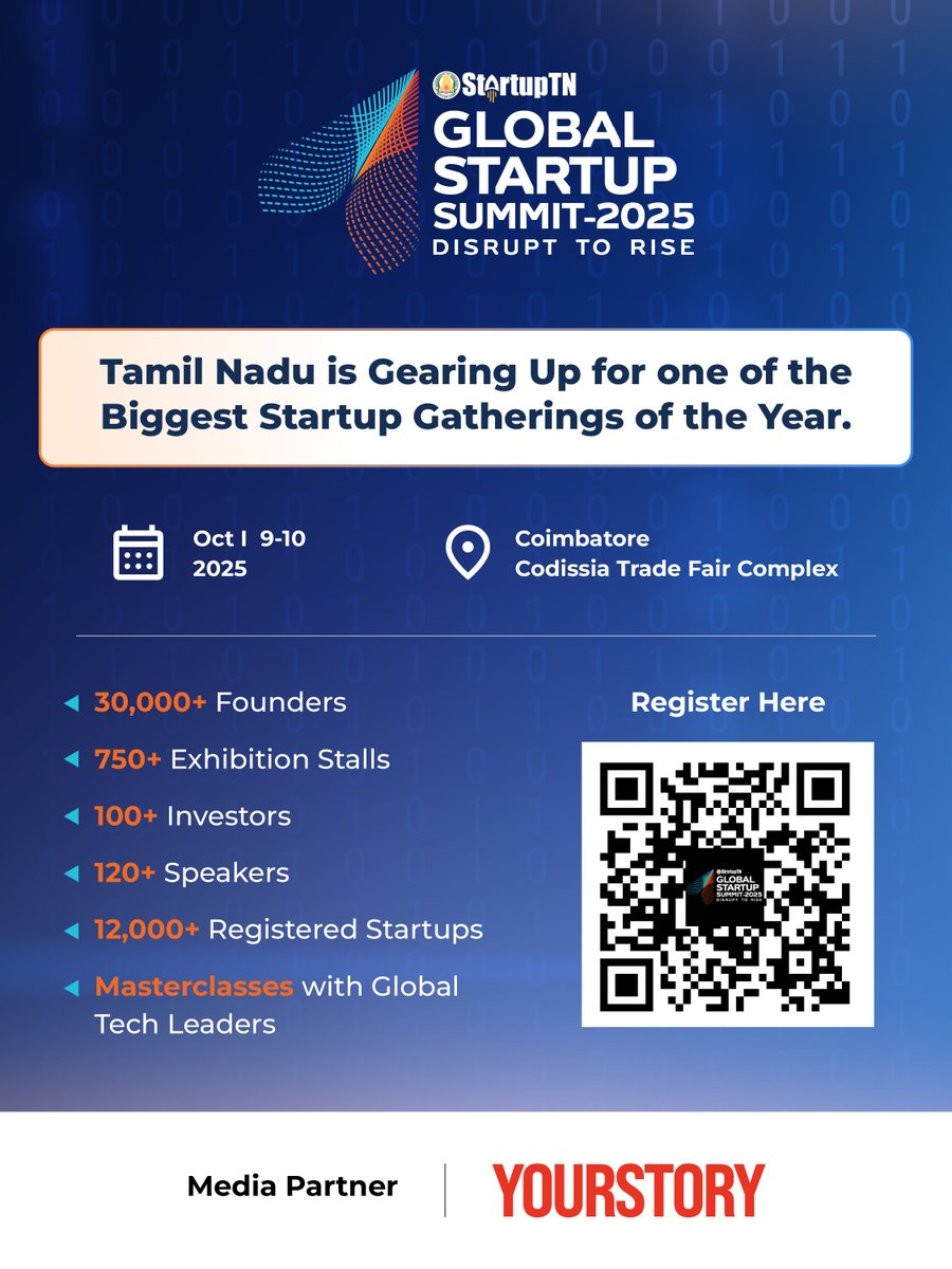Tamil Nadu is gearing up for one of the biggest startup gatherings of the year. 🚀

On October 9-10, 2025, Coimbatore will host the Tamil Nadu Global Startup Summit (TNGSS), bringing together 30,000+ founders, investors, policymakers, and global leaders.

The two-day summit will