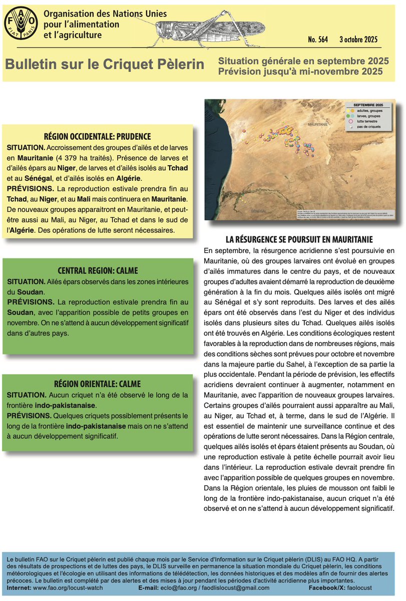 FAOPlants's tweet photo. ℹ️Bulletin sur le Criquet Pèlerin (3 octobre): La résurgence se poursuit en #Mauritanie

➡️Des adultes et larves ont été observés au #Tchad, #Niger, #Sénégal et seulement des adultes au #Soudan. 

https://t.co/N403sXz3Dd https://t.co/foFdDqyKA7