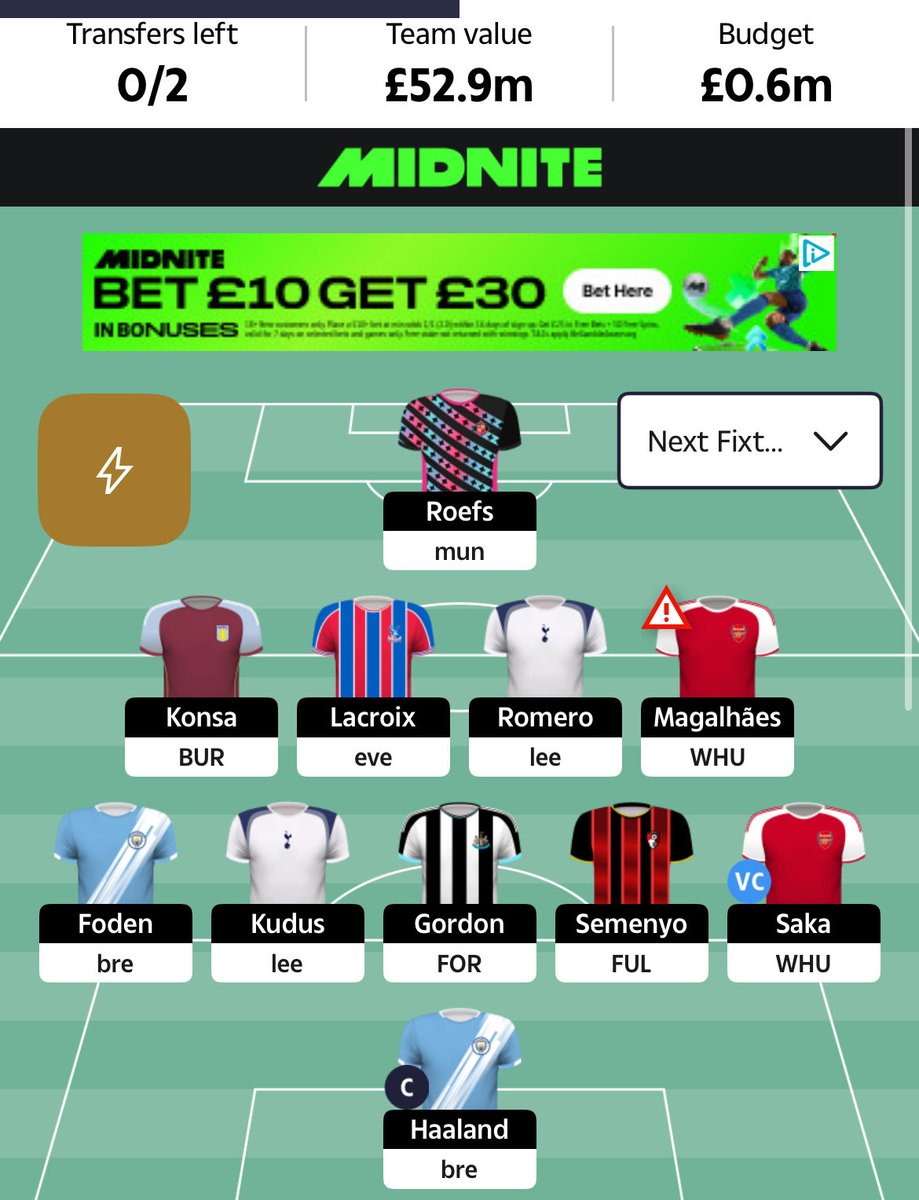 5.2K🌍
Salah 🔄Gabriel 
Ndoye 🔄BUKAYO SAKA🌶️
4-5-1 for 1 GW, then I plan to move out Semenyo and Konsa. 
12th man Salah in 8 is the plan, hopefully he blanks and drops again. 🤞
Haaland 🧢