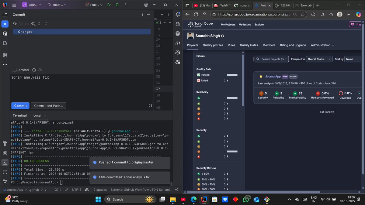 as_sourabhSingh's tweet image. Day 16 of #100DaysOfCode 🚀   
Today I integrated SonarQube Cloud into my Spring Boot project JournalApp.
Purpose-&amp;gt;
Code quality,maintainability. 
 Real-time analysis 
 CI integration (Github Actions)
Actionable insights, code smells and vulnerabilities
 #springboot #cleanCode