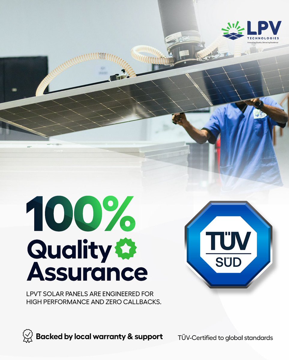 LPVtech's tweet photo. Excellence is not an option, it’s our standard.
LPVT Solar Panels deliver peak performance without the worry of callbacks — backed by local warranty and TUV global certification.
Visit https://t.co/JgP2IefWg0 for more information
#LPVTechnologies #SolarNigeria #QualityAssured #SolarSolutions