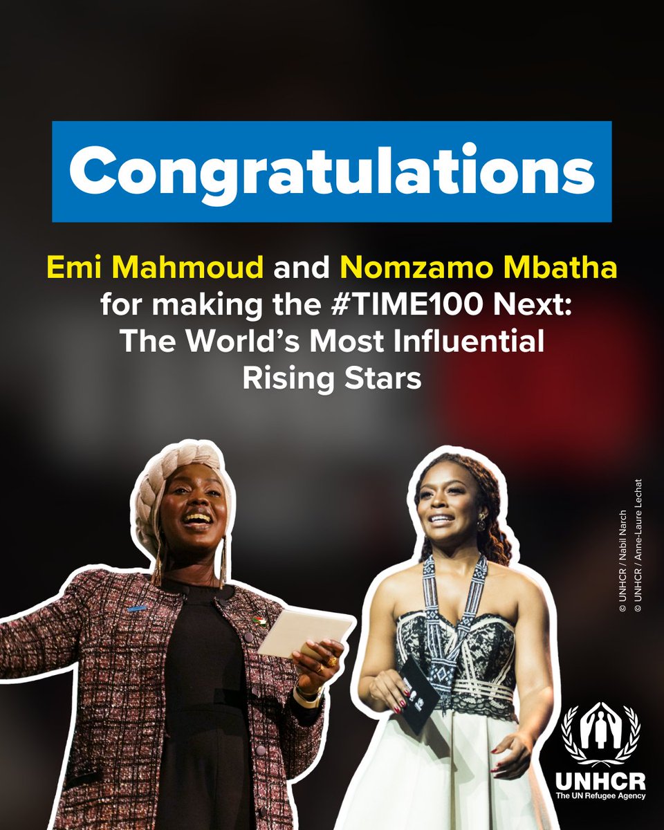 Refugees's tweet image. From storytelling to advocacy, our Goodwill Ambassadors @NomzamoMbatha  and @EmiThePoet are redefining what it means to lead.

Thank you for your commitment to people forced to flee and for inspiring the world with hope and humanity. #Time100 

Check out the full list at…