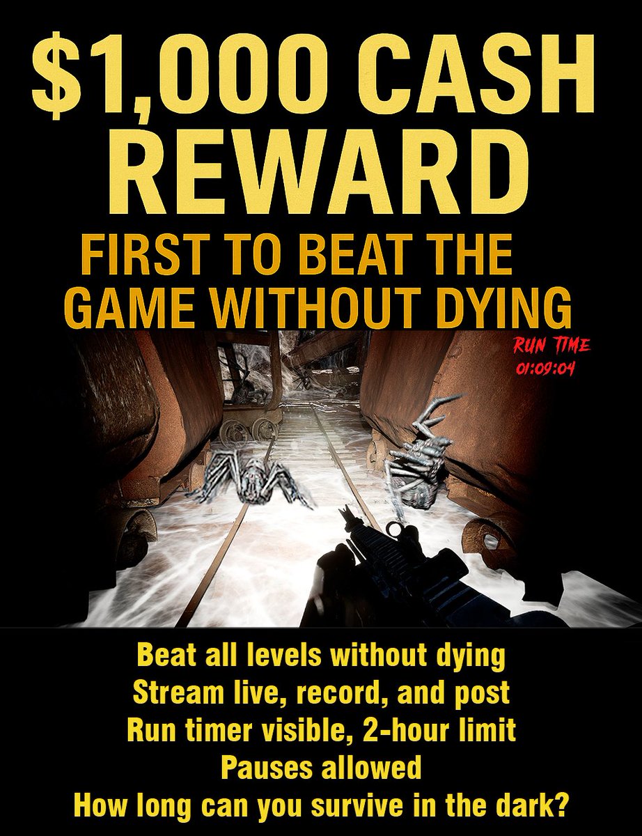 Welcome to the
Mine Spiders No Death Challenge
$1,000 CASH REWARD
FIRST TO BEAT THE GAME WITHOUT DYING
Beat all levels without dying
Stream live, record, and post
Run timer visible, 2-hour limit
Pauses allowed
How long can you survive in the dark?
Read the Full Rules Below