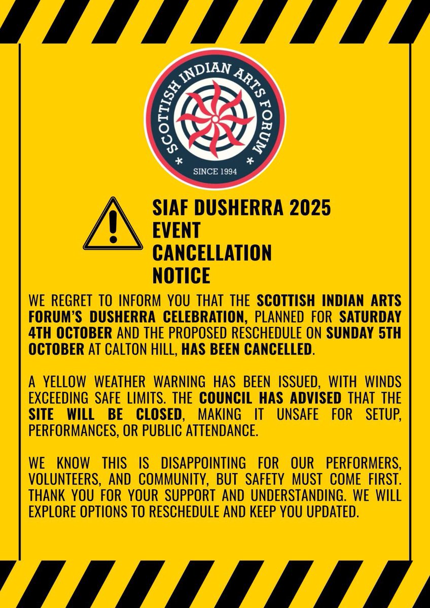 siafscotland's tweet photo. Unfortunately due to inclement weather and as per directions from @Edinburgh_CC this event is cancelled.
We deeply regret this and are very sad as well 

We are very grateful to all the performers, artists, sponsors, suppliers , vendors &amp; the community as a whole for the support https://t.co/AXmkhej3O4