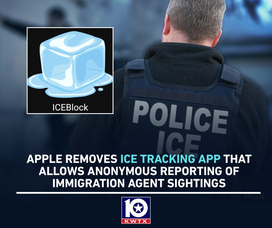 kwtx's tweet image. 📱 #Apple has taken down the #ICEblock #app  that uses crowdsourcing to flag sightings of U.S. immigration agents after pressure from #TRUMP. INFO: kwtx.com/2025/10/03/app…