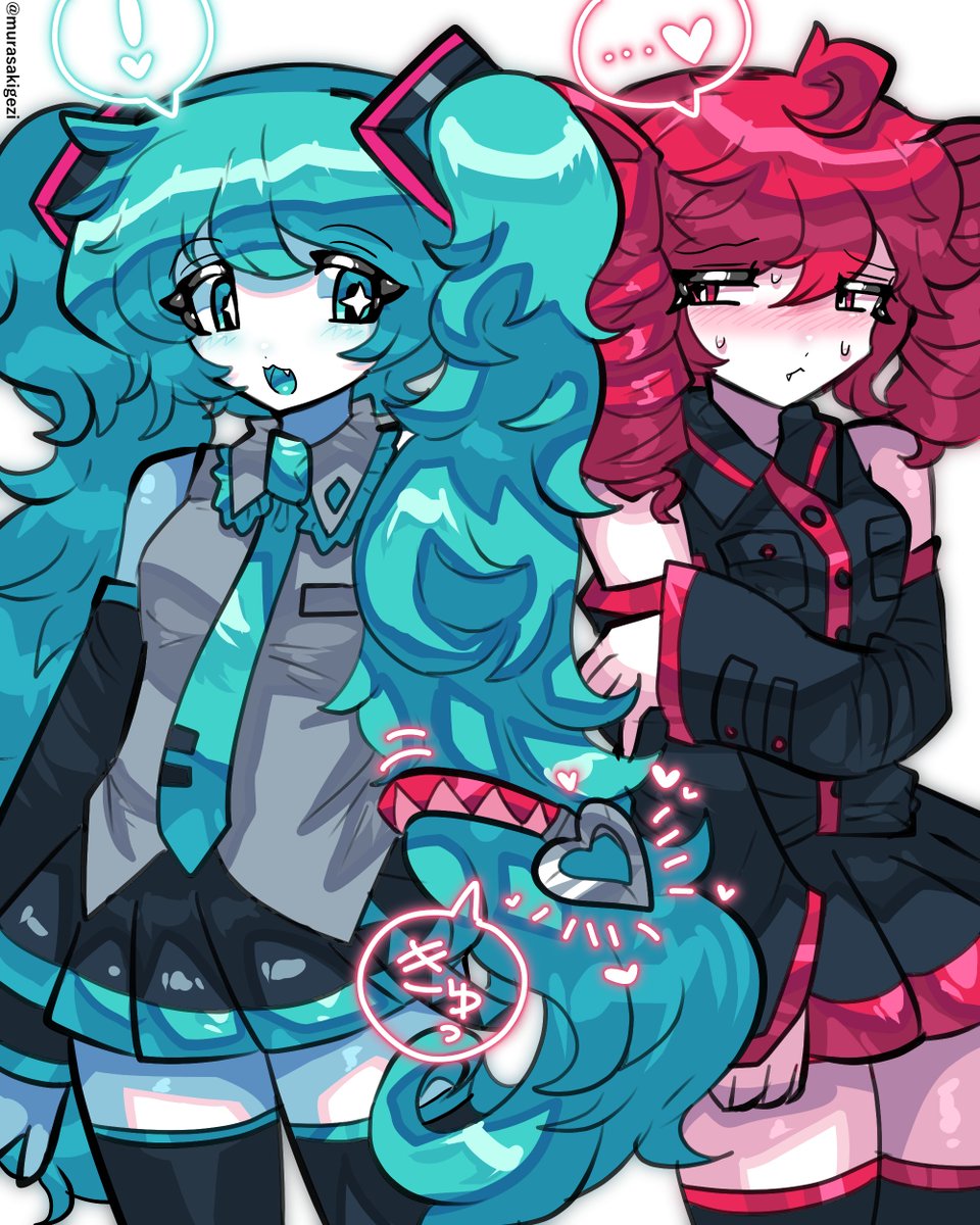 初音ミク ,重音テト 「ネギドリル百合の様なもの #ミクテト #テトミク #ネギドリル #mikutet」|ムラサキゲジゲジのイラスト