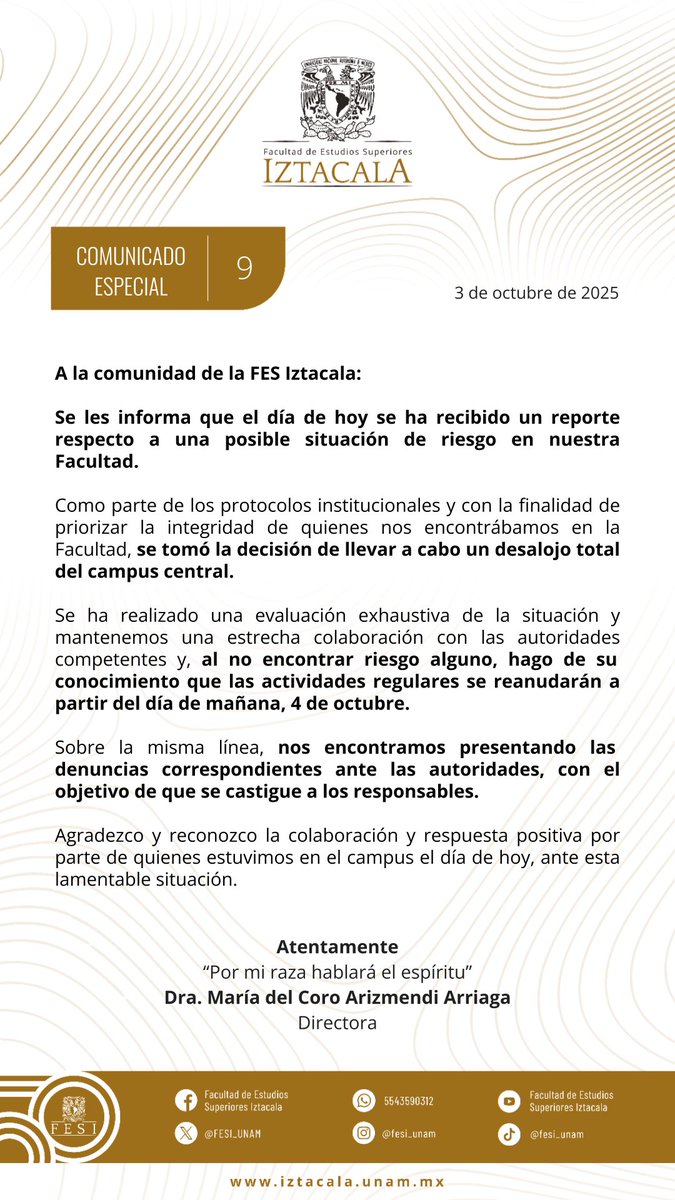 FESI_UNAM's tweet photo. #ComunicadoFESI #FESI #UNAM https://t.co/EPL2MkpSnD