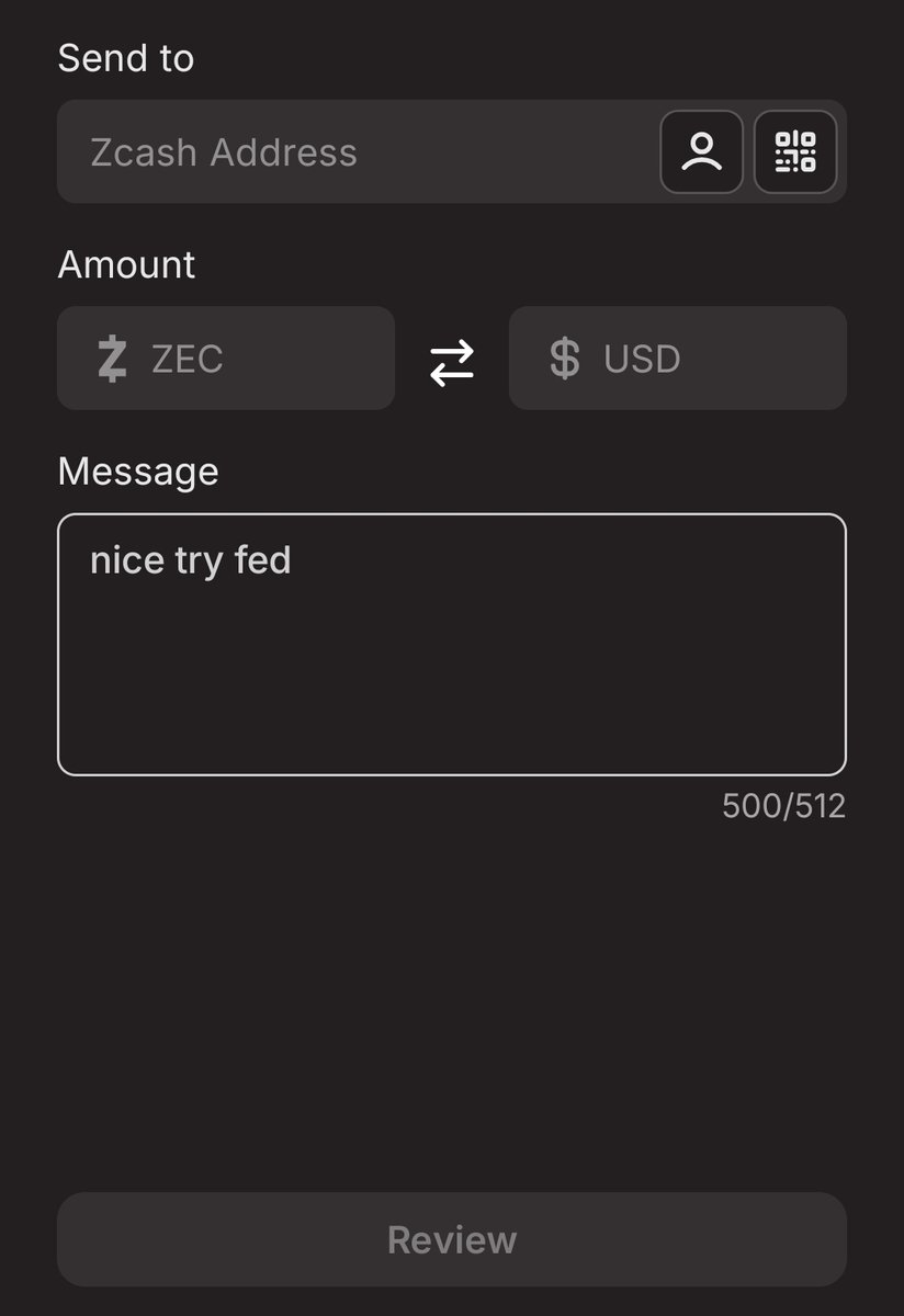 Zcash 지갑이 'nice try fed'라는 개인 메시지를 보내는 스크린샷