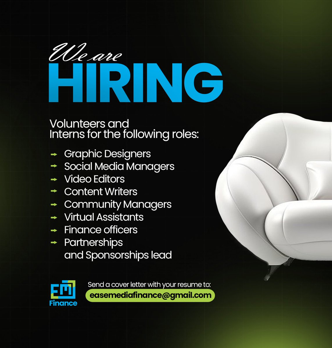 emfinanceglobal's tweet photo. We’re Hiring, Join Us! 

At EM Finance, we’re on a mission to empower people with the skills, knowledge, and opportunities to achieve financial freedom. 

We’re opening our doors to passionate volunteers &amp; interns who want to learn, contribute, and grow with us. https://t.co/X6uEMGnrwM